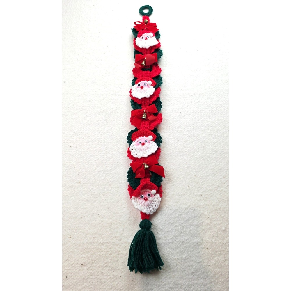 Vintage Santa Crochet Christmas Door Hanger Decor Mid Century Kitsch 32" L Bells